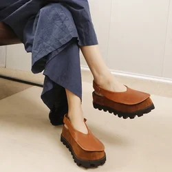 Artmu Retro Big Head Flats Shoes Women Soft Hook Loop Genuien Leather Luxury Invisible Heel Closed Toe Sandals Lady Lazy Shoes