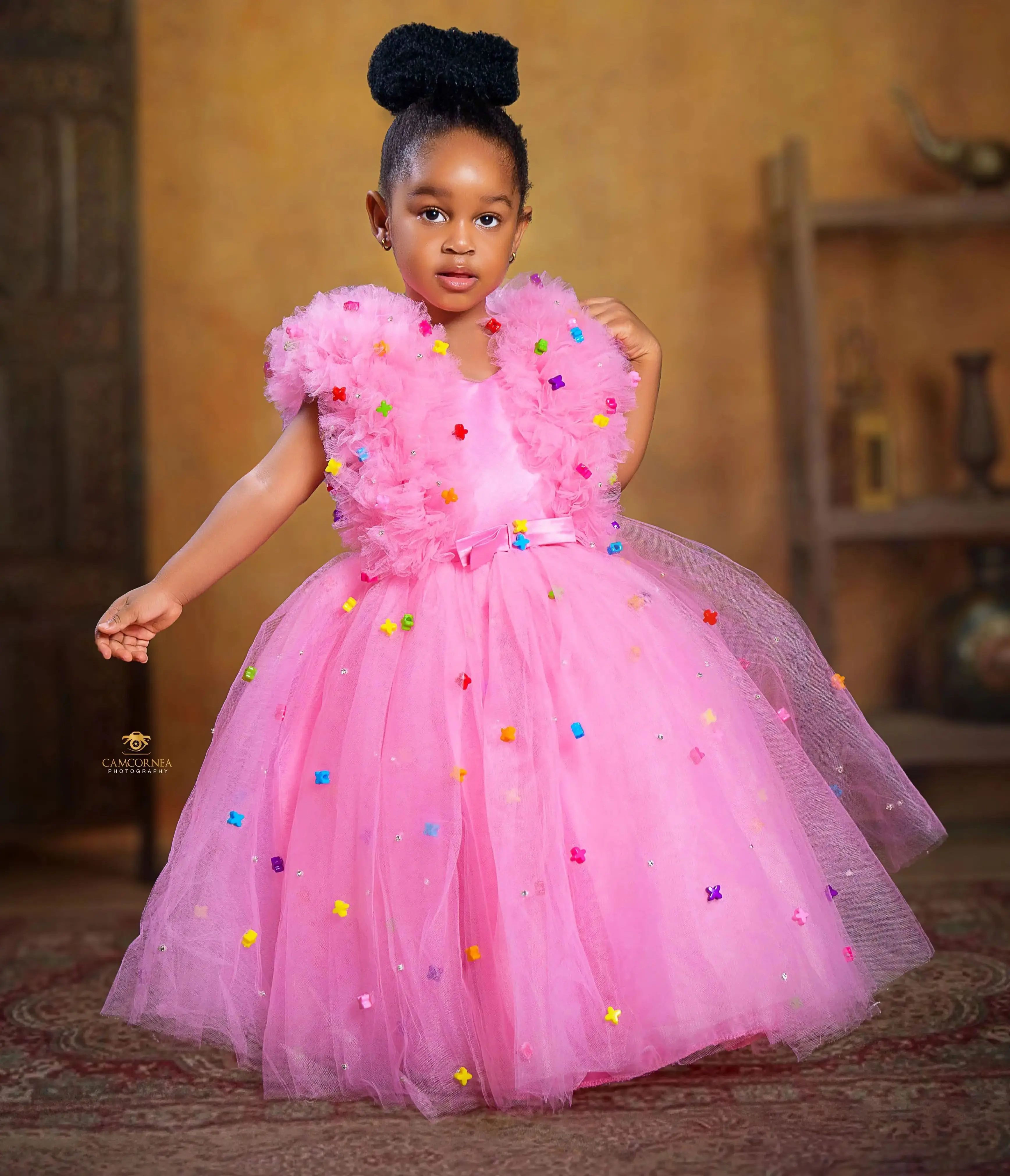 Pink Ruffles Flower Girl Dresses Star Floor Length Flowergirl Dress Princess Baby Kids Girls Birthday Party Gowns