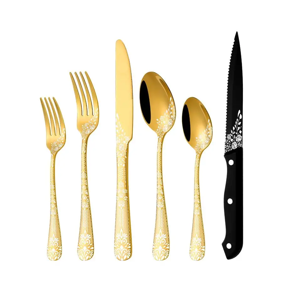 

Набор столовых приборов из 48 предметов: золотые ножи для стейка, золотой набор столовых приборов на 8 персон, приборы из нержавеющей стали, ножи, вилки и ложки, уникальный дизайн