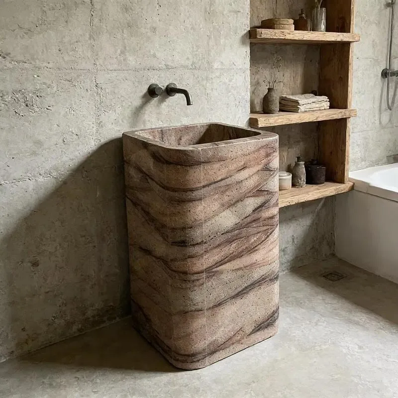 Red Ceramic Column Sink Freestanding Bathroom Wash Basin Marble Design