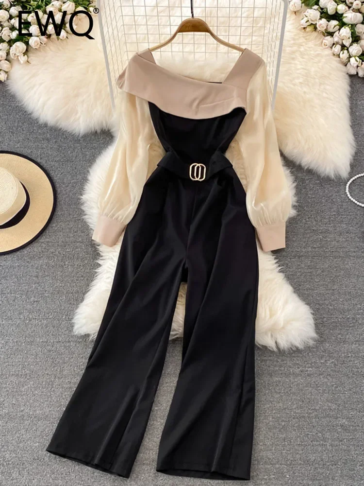 

Spring Autumn Elegant Playsuits Women Slim High Waist Patchwork Loose Wide Leg Pants Jumpsuits Long Sleeve Office Romper