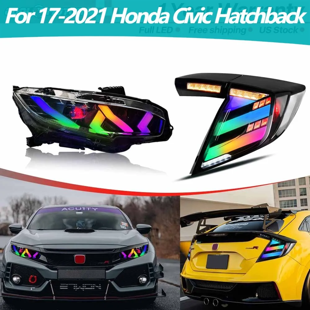 

For 17-2021 Honda Civic Hatchback RGB Headlights+Smoked Tail Lights w/Animation