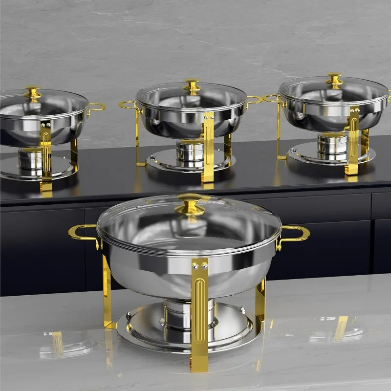 

5 Qt Chafing Dish Buffet Set with Visible Glass Lid and Holder, Stainless Steel Round Chafers and Buffet Warmers Sets