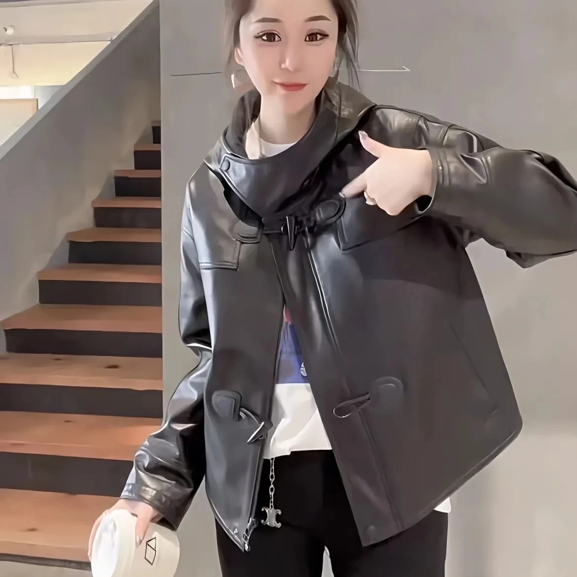 세련된 캐주얼 후드 블랙 가죽 자켓 아웃웨어 여성 봄 가을 새로운 올 매치 루즈 쉘 에디션 코너 버클 코트 탑