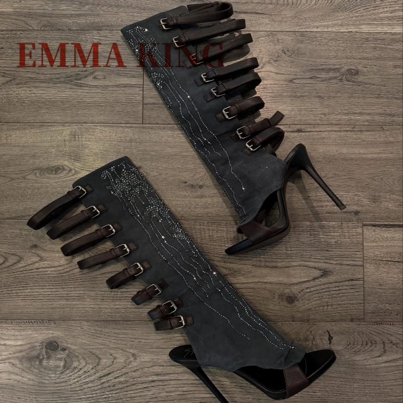 المرأة حجر الراين المفتوحة تو أحذية عالية في الركبة الصيف خنجر الكعوب حزام مشبك أحذية مثير المنصة حفلة صنادل عالية الكعب الأحذية