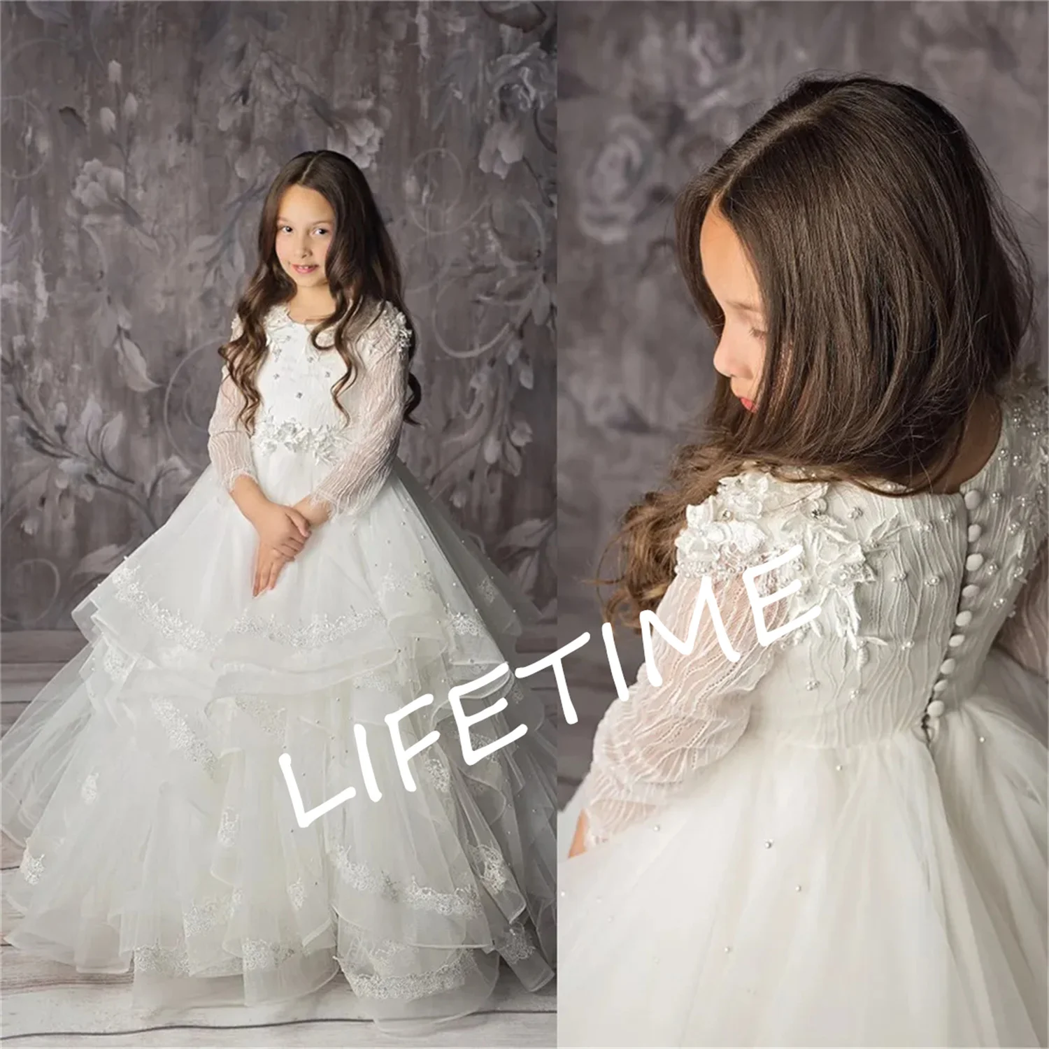 Marfim branco macio cauda destacável adesivo flor, bonito vestido de menina, comunhão das crianças, vestido de aniversário para casamento