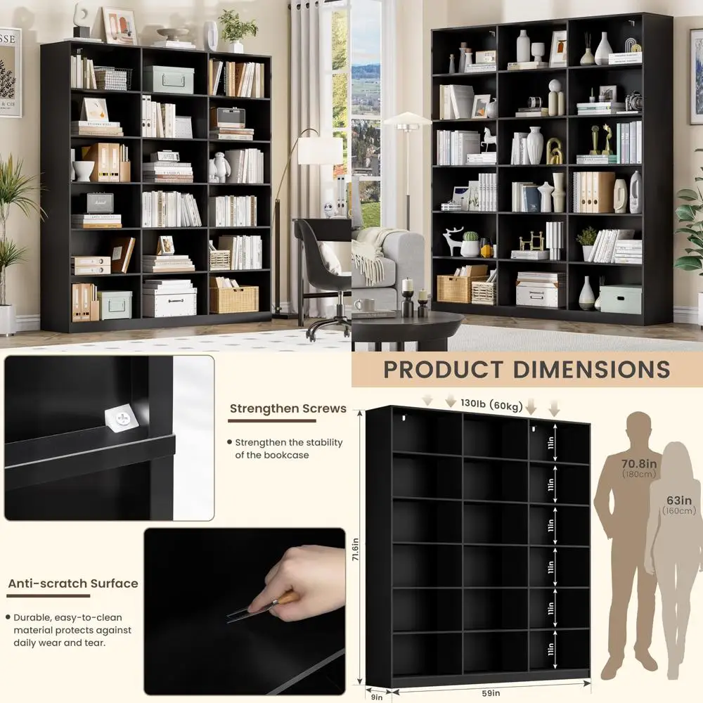 

Черный трехрядный высокий книжный шкаф с 18-мя полками для хранения и витрины