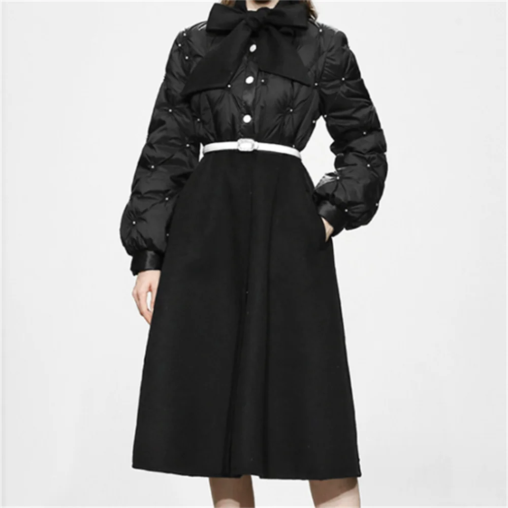 

winter women's nailed beads black long thickened waist-over-knee woolen spliced cotton coat