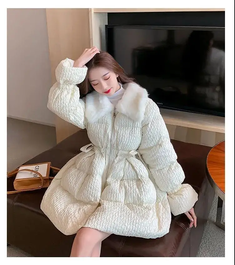 Korean Sweet Mid-Length Padded Coat for Women Winter Doll Collar Waist-Cinching Puffer Parkas Woman A Line Fluffy Quilted Jacket