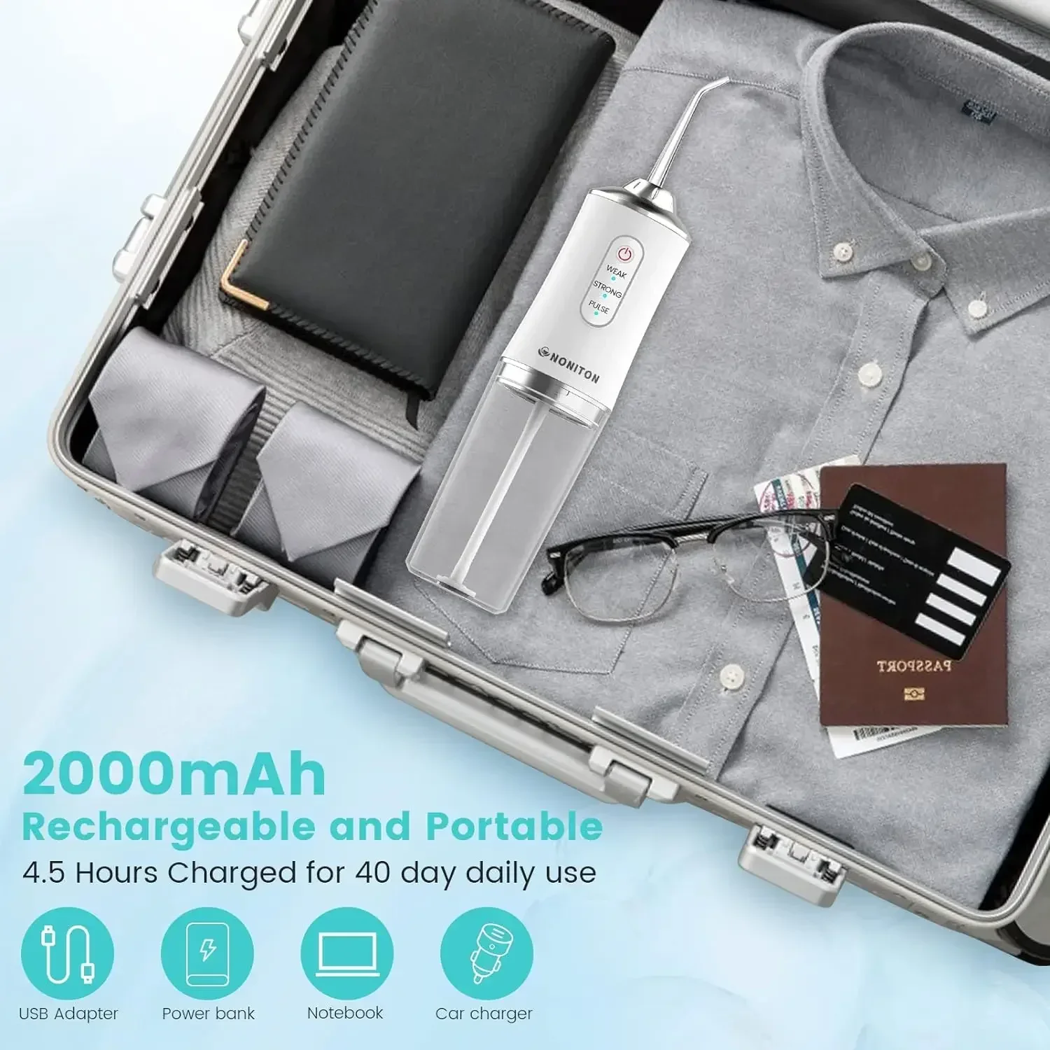 2026 Leistungsstarker Wasser-Munddusche-Irrigator IPX7 USB Tragbarer Jet-Tool zur Zahnreinigung 200ML 4 Düsen Mundreinigungsmittel – Detail 10