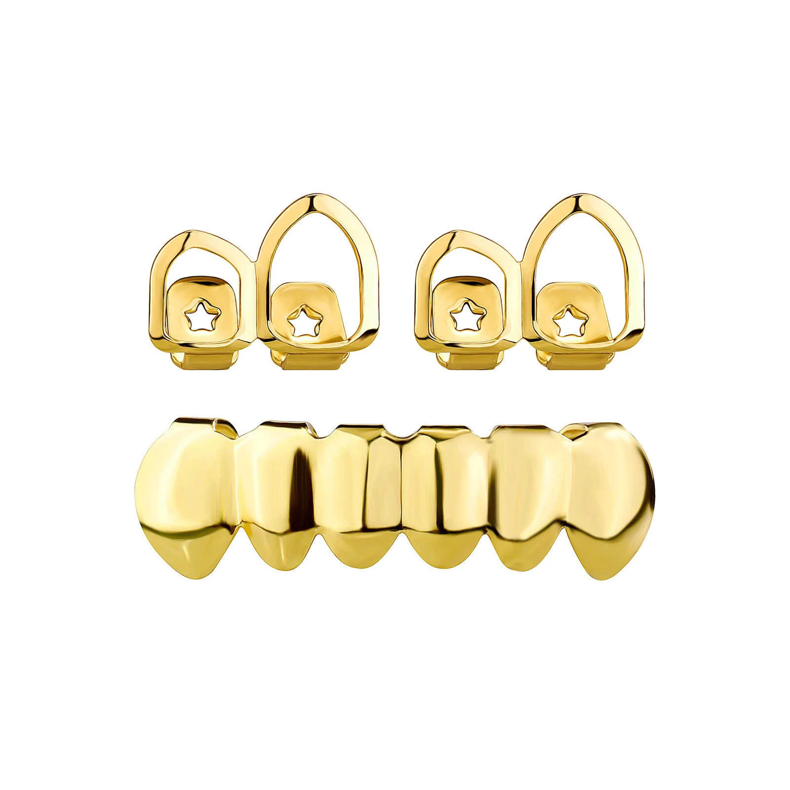 Smooth Polished Grillz Gold Plated Fang Vampire Tooth Cap Hip Hop Rapper Combo Versatile Unique Jewelry Gift for Men Women Party