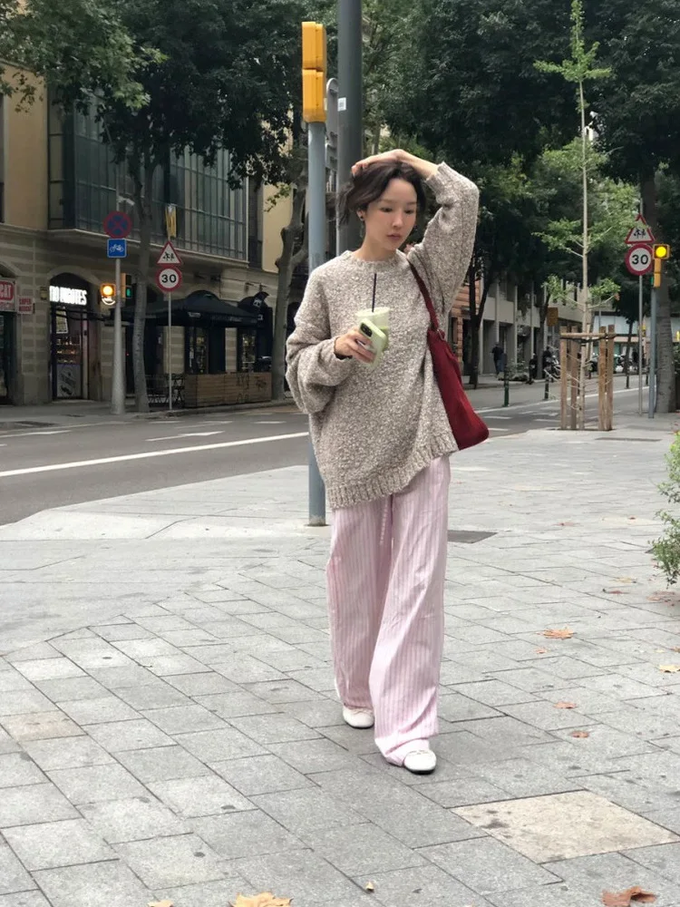 سترة فضفاضة طويلة Sve مستديرة للنساء كبيرة الحجم كسول الكتف قطرة الكتف علوية بوابة دونغدا صلصة الطفل مختلط الألوان