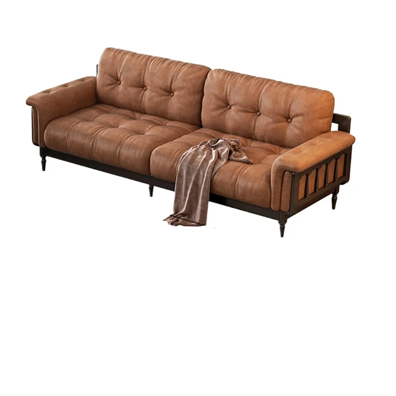 CX solid wood sofa small apartment medieval, full set of black retro oil wax leather cloud sofa