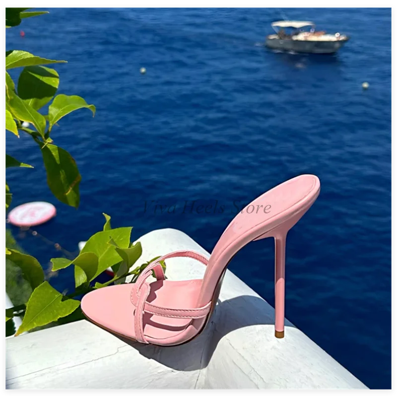 Sexy Sweet Colorful Leather Pointy Toe Slippers Women's 2025 Summer New in Baby Blue/Pink High Heels Party Morden Big Size Shoes view 2