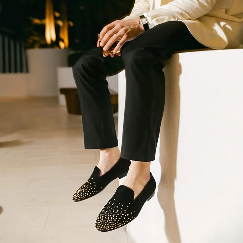 Piergitar 2026 Handmade Gold Diamonds Crystals Of Black Suede Slip-On Shoes For Party Wear Classic Model Men's Loafers Plus Size