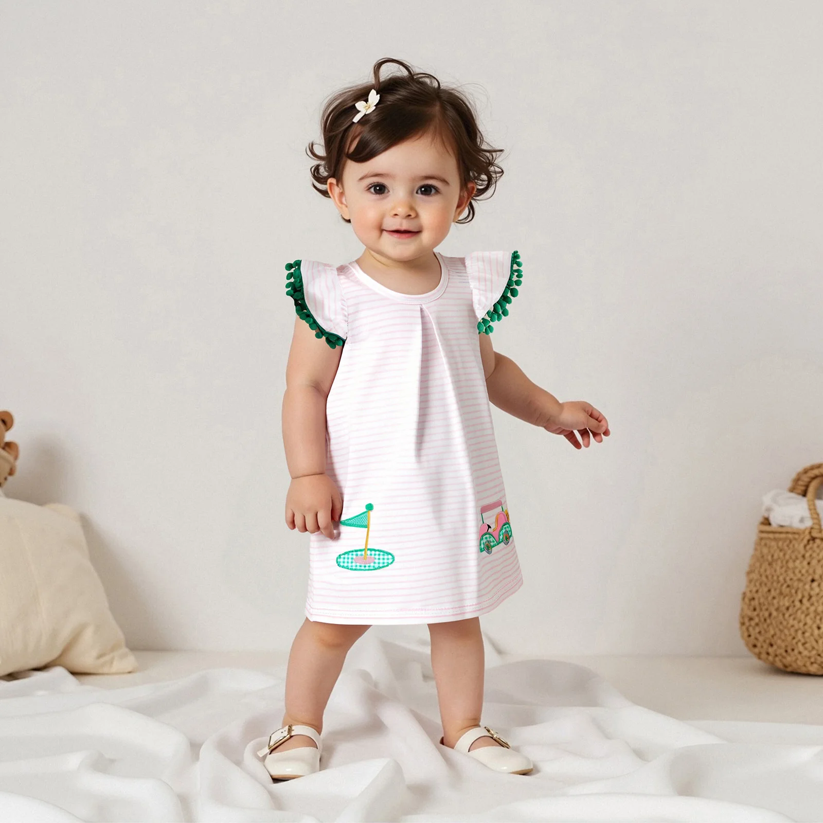 

Детская одежда Платье трапециевидной формы для девочек, летнее платье с круглым вырезом и вышивкой в полоску для гольф-кара