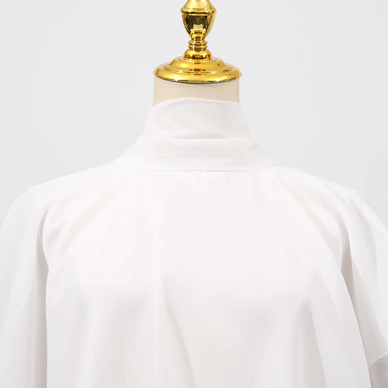 KBQ Solid Spliced Lace Up Irregular Blouse for Women Scarf Collar Sleeveless Temperament Cape Type Chic Shirts Female Fashion