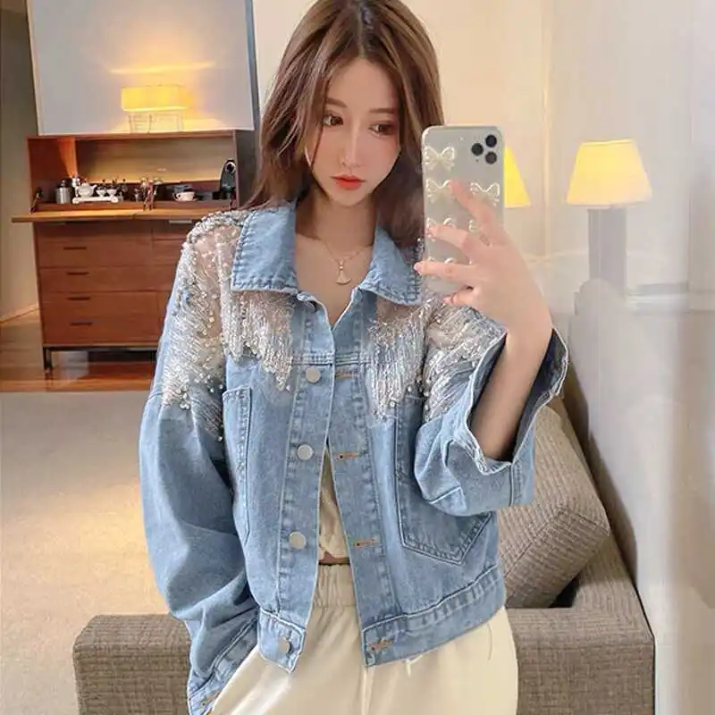 

Denim Coat Women Jacket Streetwear Sequins Single Breasted Turn Down Collar Pockets Washed Patchwork 2025 Vintage Outerwear