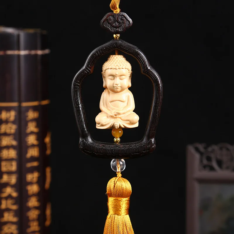 

Traditional Ebony Lucky Wood Buddha Car Key Rings Keychain With All Year Round Peace Trinket Car Pendant Ornaments Wood Guanyin