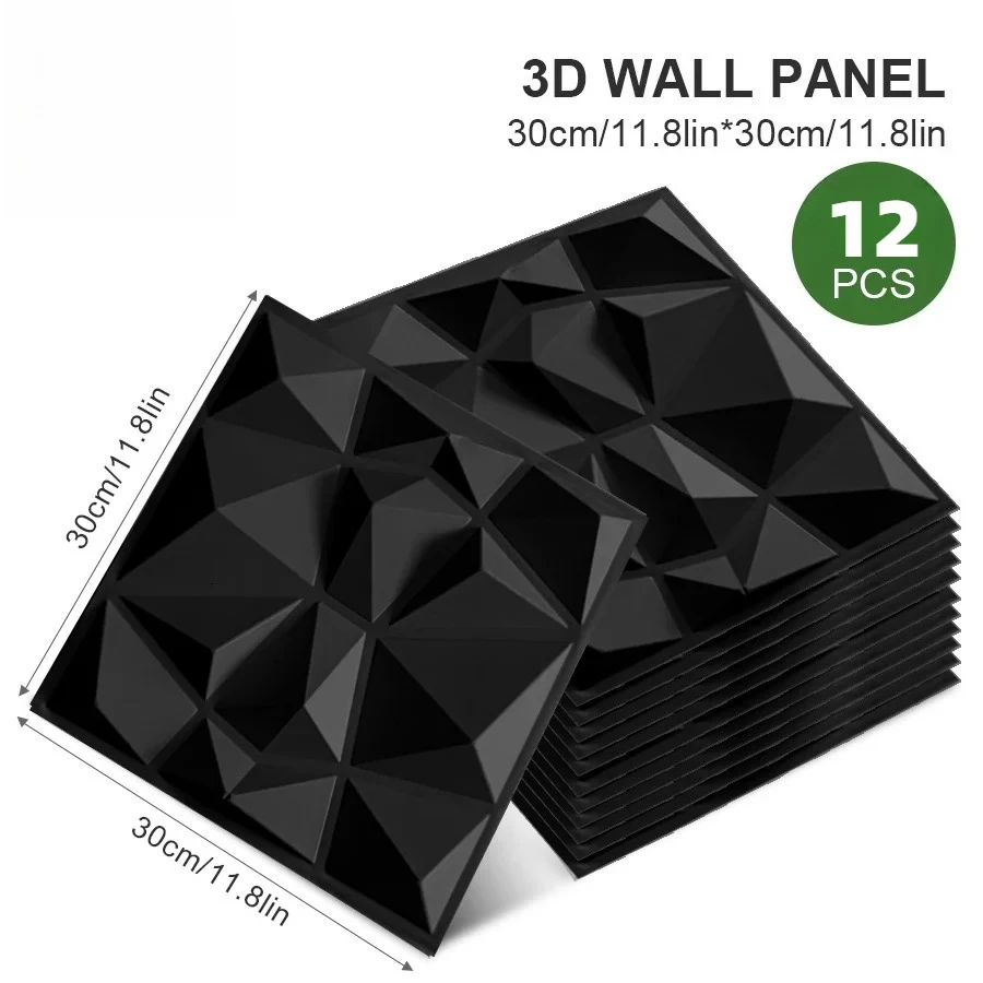 

12 самоклеящихся 3D-панелей для стен, декор из ПВХ для любых помещений и улицы, 30x30 см, черные стеновые панели. Декор для стен.
