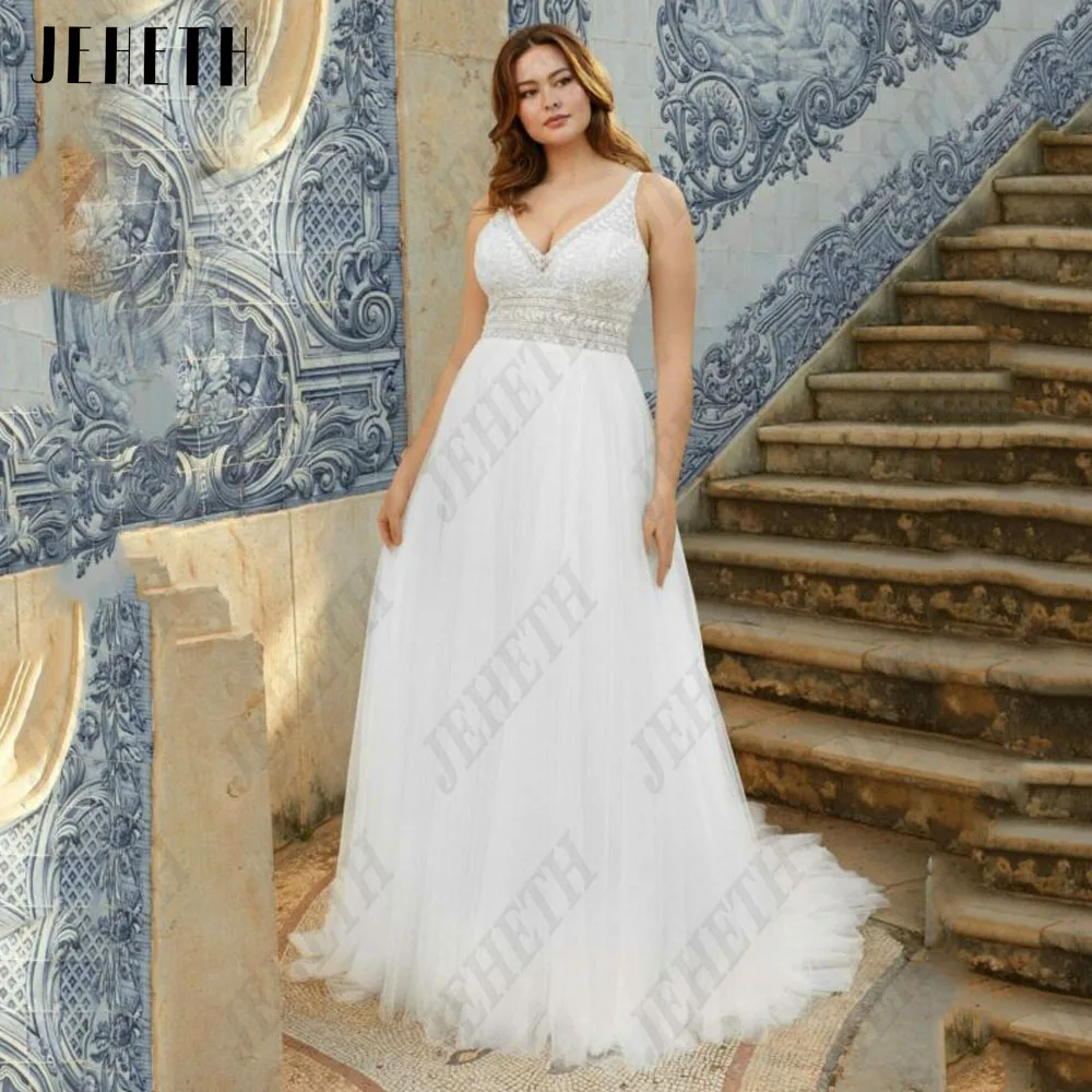 

JEHETH Civil Sleeveless Wedding Dresses For 2023 Bridal Backless Bride Gowns Lace Applique A-Line Tulle Vestidos De Novia