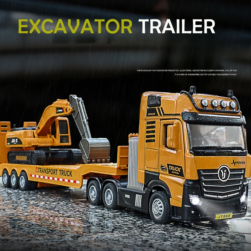 Simulation 1/50 Scale Excavator Trailer Model Diecast Alloy Engineering Diecast Set Toy Vehicle Boy Gift Dump Transporter Toy