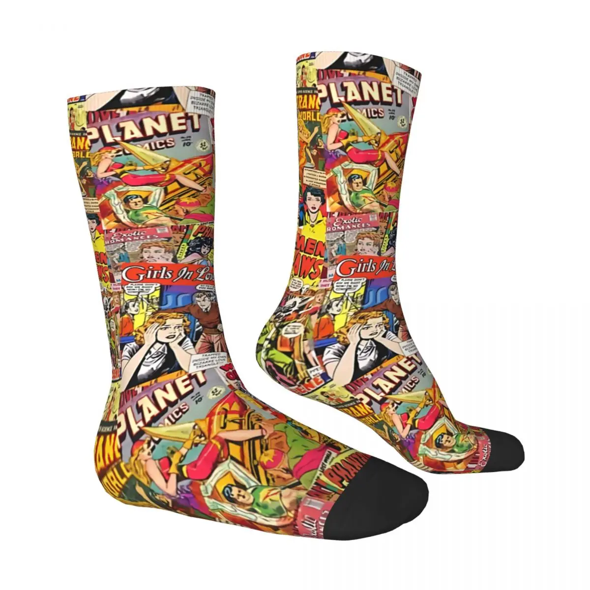 Funny Crazy Sock for Men Vintage Comic Book Collage Hip Hop Vintage Superheroes Pattern Printed Boys Crew Sock Casual Gift