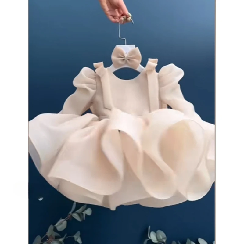 

Girls' Dress Europe, America 2025 New Children's High-end Light Luxury Fluffy Mesh Skirt Bow Long Sleeve Princess Dress