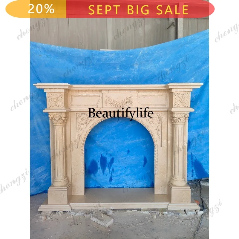 B178 Marble fireplace European retro carved fireplace living room beige stone fireplace decoration