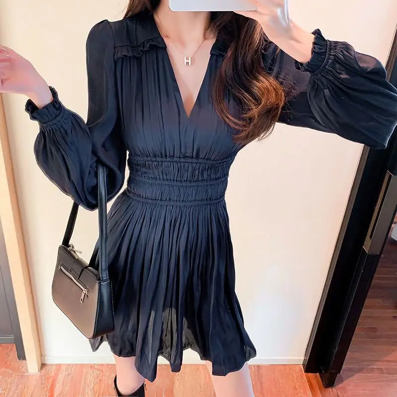 

Elegant Chiffon Long Sleeve Shirt Dress Women Belt Pleated Mini Dress Fashion Fall Clothes Bodycon Dresse Vestido