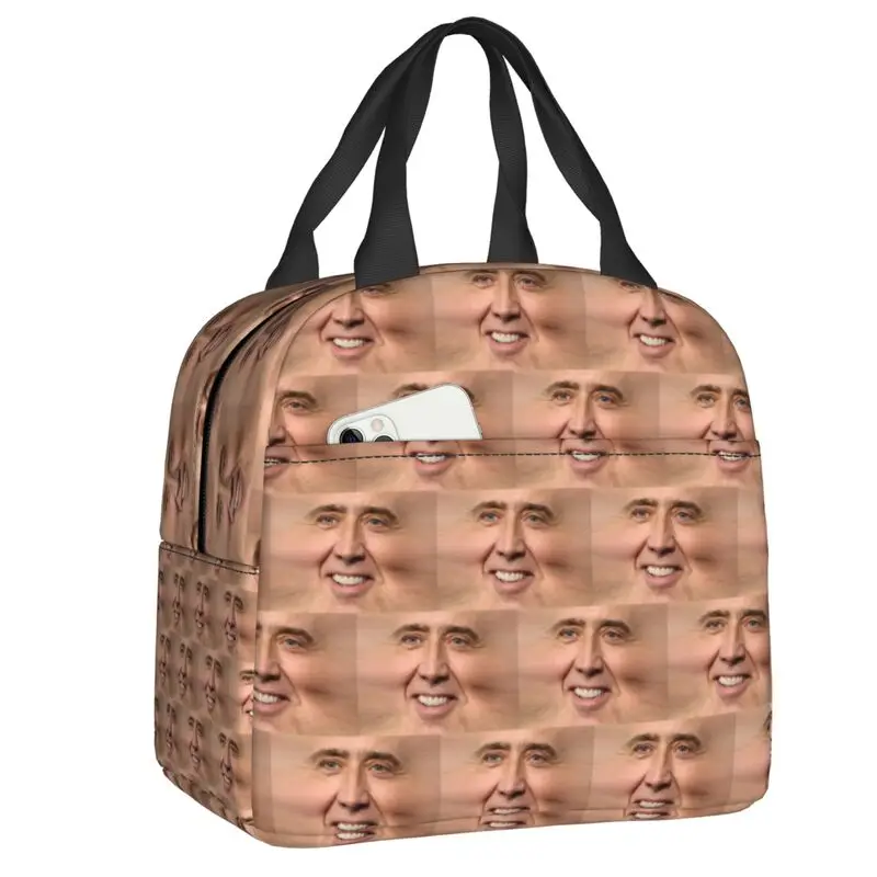 Nicolas Cage Insulated Lunch Tote Bag for Women Funny Meme Portable Thermal Cooler Food Lunch Box Outdoor Camping Travel