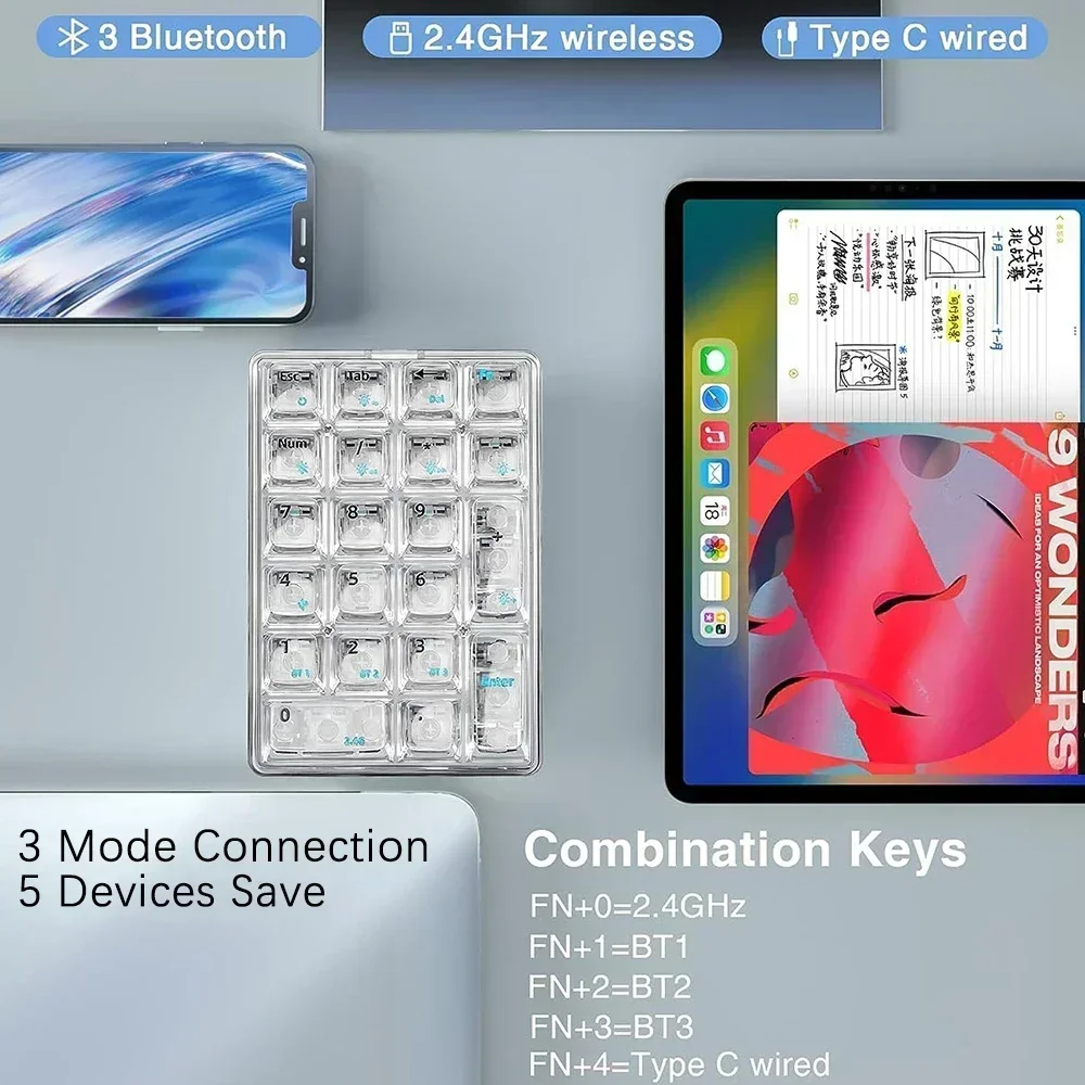 Imagem -04 - Teclado Numérico Transparente Retroiluminado Rgb sem Fio Number Pad Mini Bluetooth Teclado Mecânico Gamer Modo 3key 21key Aula-f21