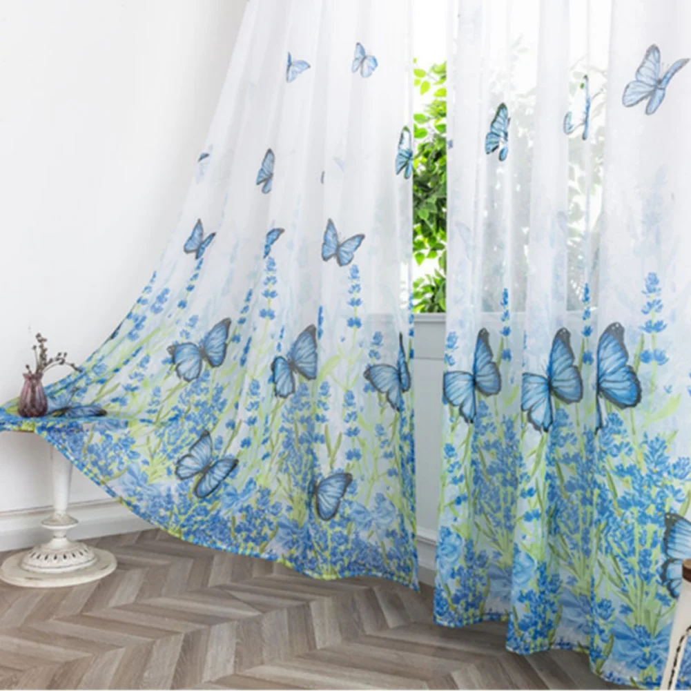 1PC Butterfly Tulle Curtains For Living Room Rod Pocket Gauze Sheer Tulle Curtain For Bedroom Door Window Curtains Print Screens