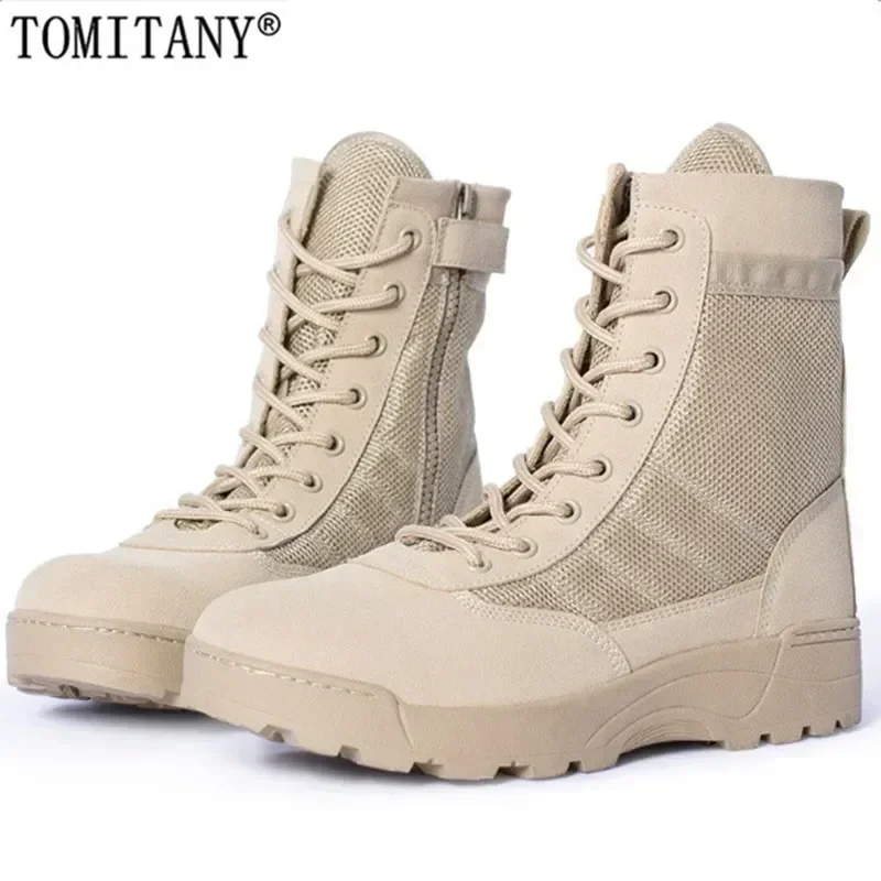 Men\'s Tactical Boots Mesh Breathable Combat High Top Shoes Training Outdoor Men boots Hiking ankle shoes 38-46