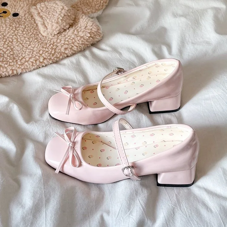 French sweet pink bow light mouth thick heel single shoes women's spring and summer new skirt Mary Jane shoes