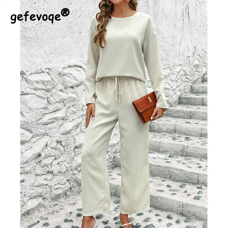 

2023 Autumn Women's Fashion Foreign Style Set Solid Color Long Sleeve Top Fashion Pants Loose Relaxed Comfortable Versatile Two