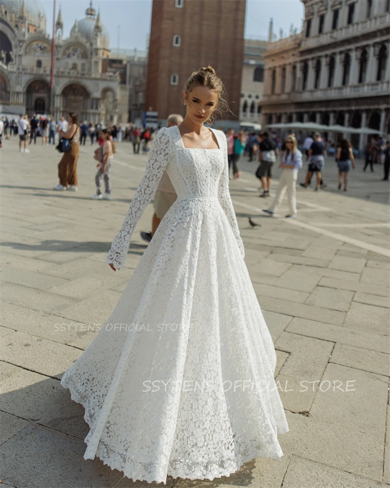 Robe de mariée princesse à manches longues pour femmes, robe de soirée élégante, col carré, coupe trapèze, adaptée aux patients