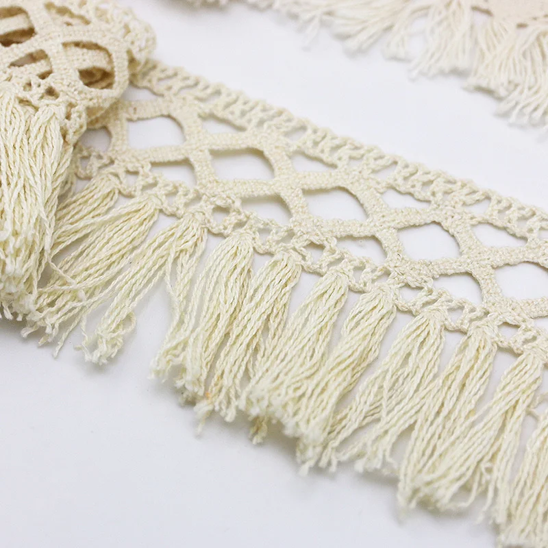 (3 Meters/bag) Tassel Lace Cotton Fabric Beige Ribbon Hollow Cut Bohemian Style Clothing Sewing Handmade Materials Versatile