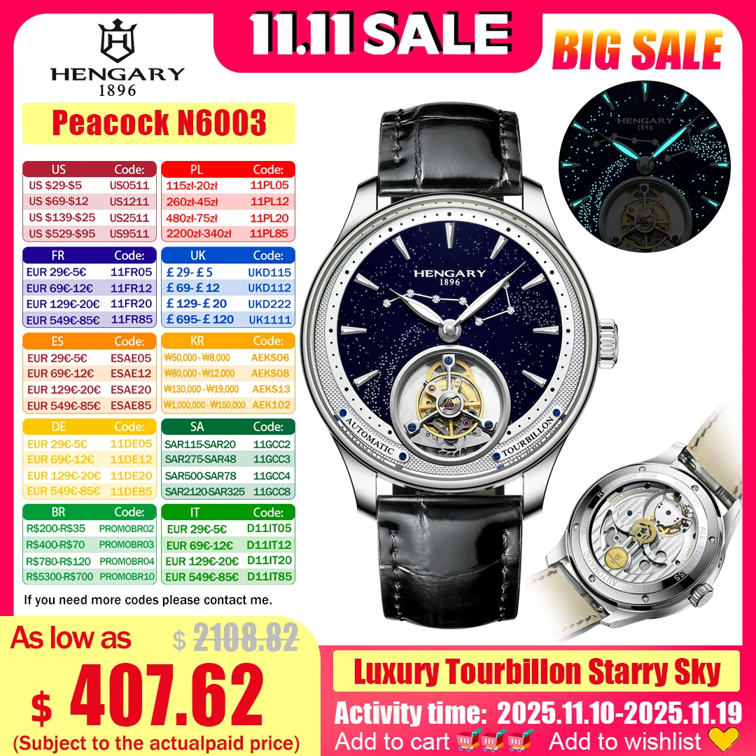 

HENGAR Luxury Tourbillon Starry Sky Watch Automatic Mechanical Movement Sapphire Crystal Italian Calfskin Strap 43mm Dial 5ATM