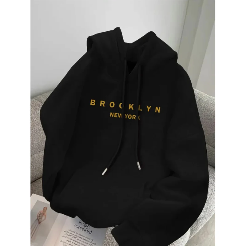 Men's Autumn and Winter Casual Fashionable Loose Brooklyn Letter Print Long-Sleeved Hooded Warm Sports Pullover