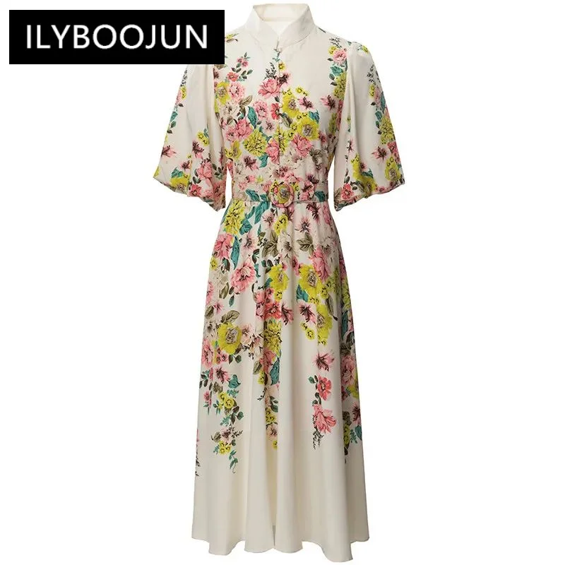 

ILYBOOJUN Fashion Women's Shirt Collar Lantern Half -Sleeved Single-Breasted Lace-Up Printed Beaded MIDI Dress