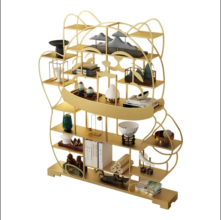 A  Nordic storage golden iron art living room storage rack multi-layer floor-to-ceiling partition shelf bookshelf display shelf