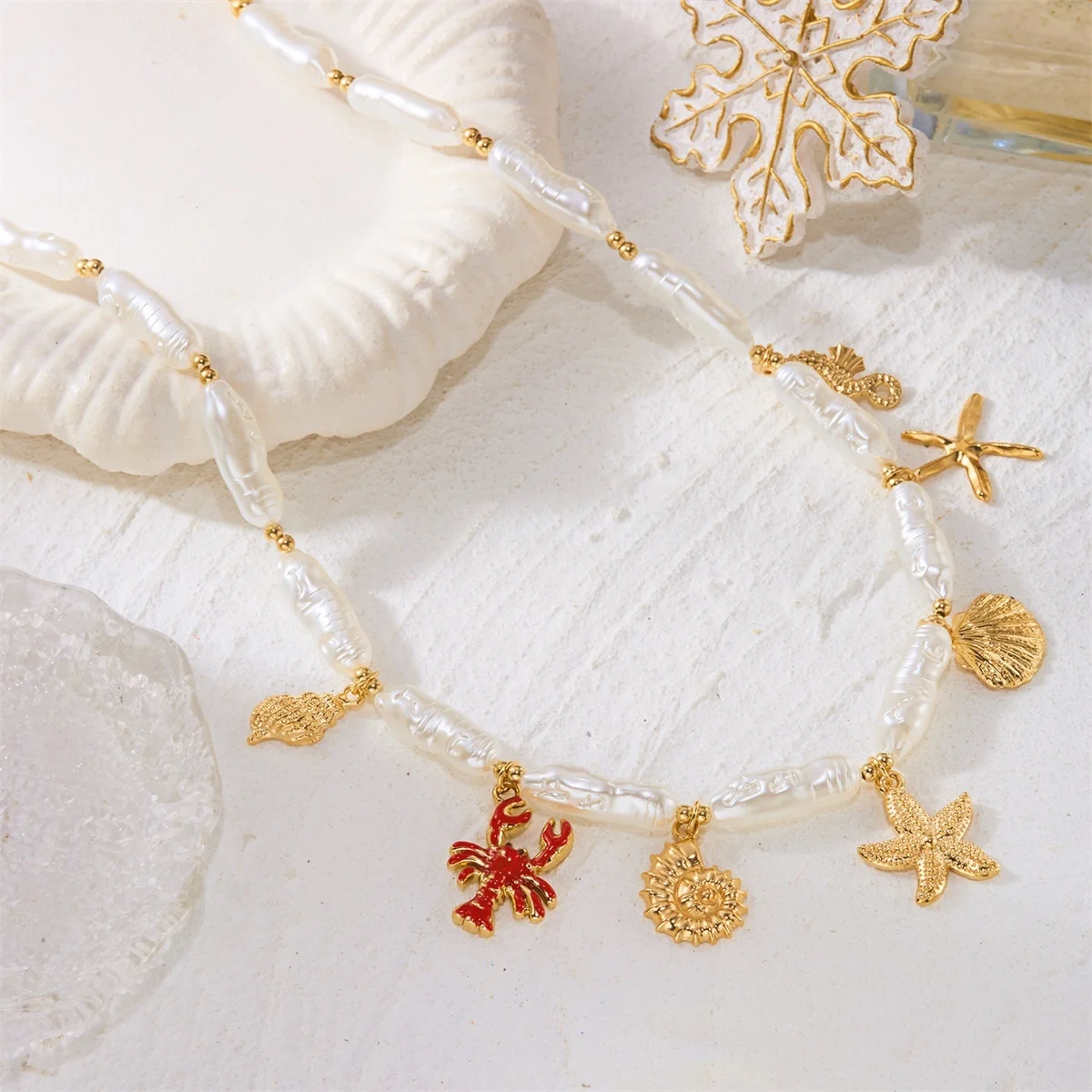 Boho Seestern Muschel Seepferdchen Hummer Anhänger Halskette für Damen und Herren, unregelmäßige Imitationsperle, Ozean-Strand-Choker-Schmuck – Detail 15