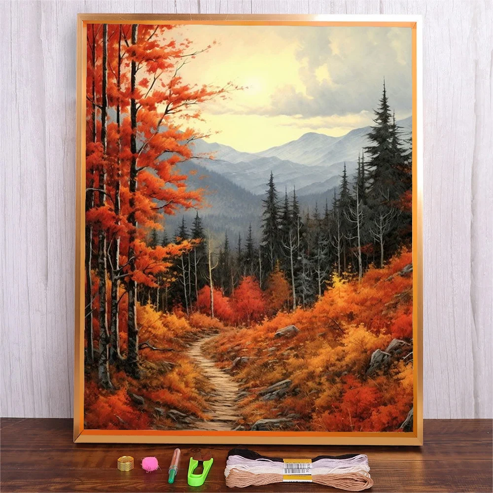 

Autumn Tree Landscape Pattern DIY Cross Stitch Complete Kits Needlework Cotton Thread Embroidery Set Printed Canvas Home Decor