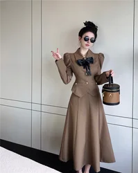 2 Piece Sets Womens Outfits Bow Woolen Coat A Line Swing Black Skirts Long Puff Sleeve Shirts Korean Clothes 2024 Fall