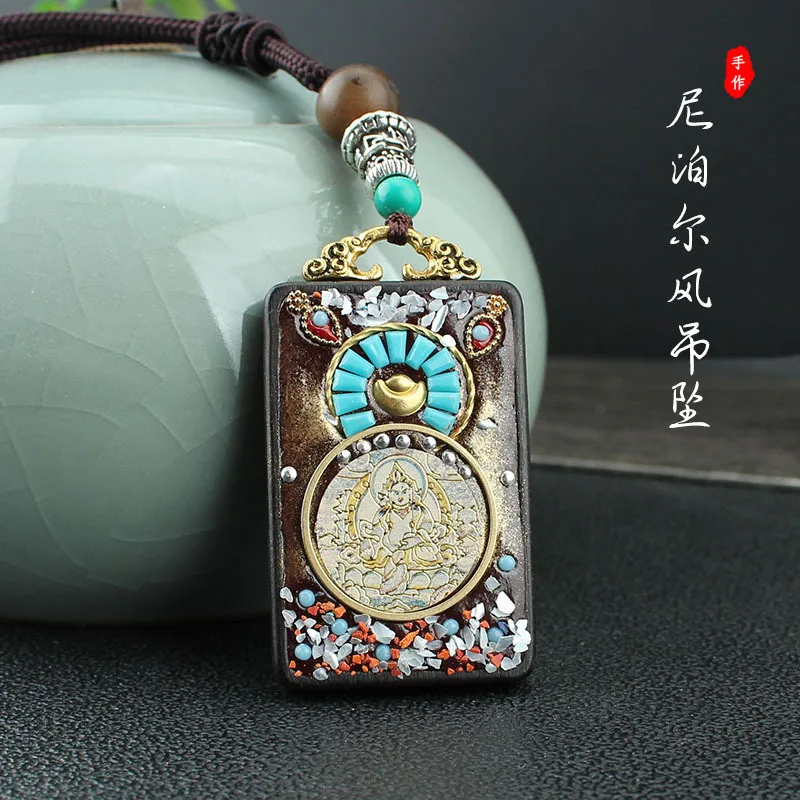 

Аксессуары для рукоделия: Непальский ветряной белый кулон-амулет из эбенового дерева с изображением Бога Богатства, длинное ожерелье-амулет для мужчин и женщин, универсальный этнический стиль.