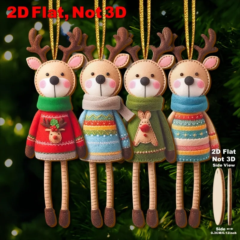 16pcs Bohemian-Style Color-Coded Round Wooden Christmas Reindeer Decorations - 2D Flat Non-3D Hanging Ornaments