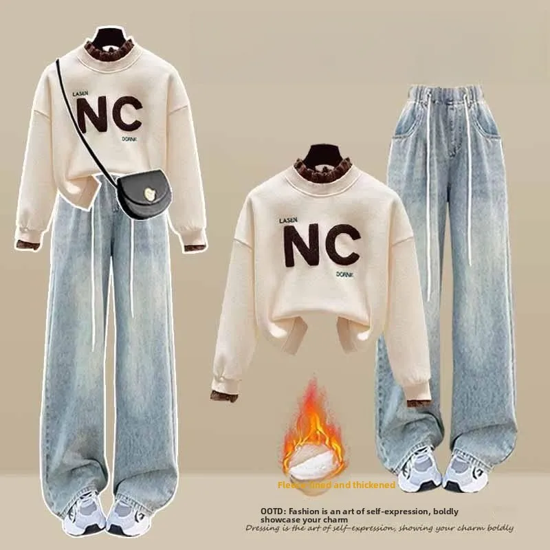 

Thickened Fleece Lined Lazy Style Two-Piece Sweatshirt Set Women's Winter Casual Wide Leg Jeans College Style Comfortable Suit