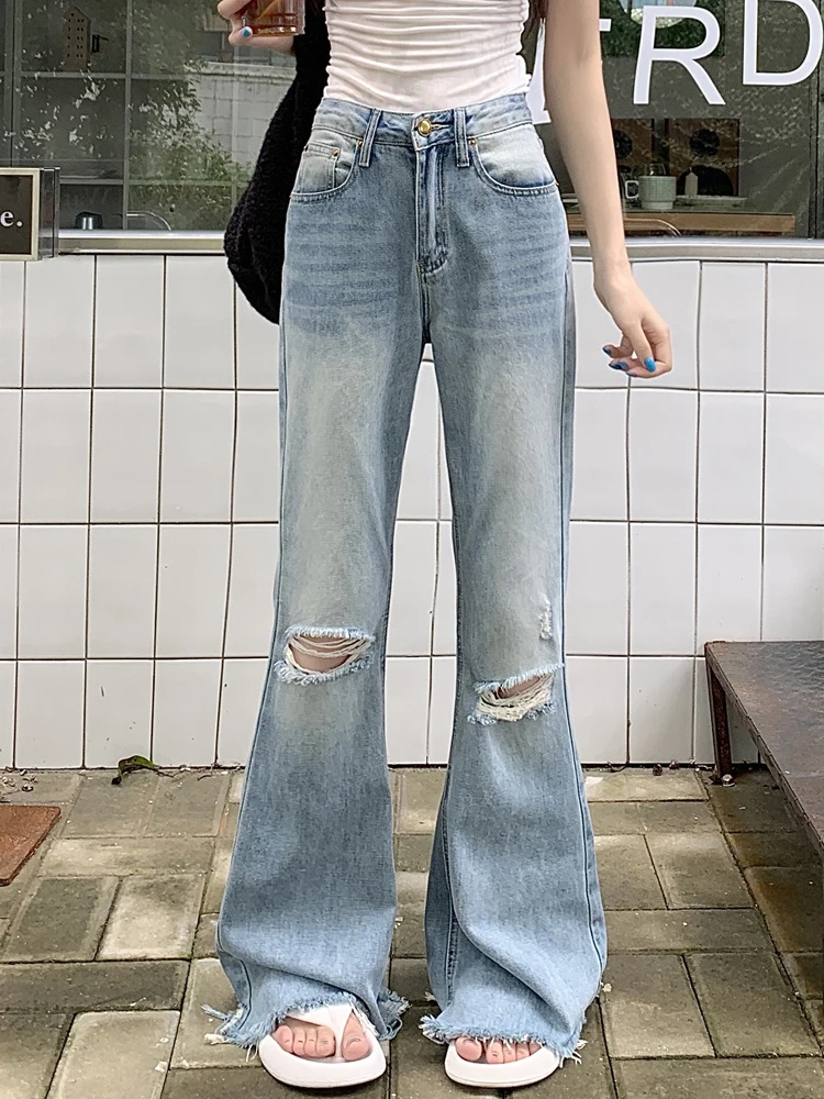 REDDACHiC Destroyed Whiskers Flare Jeans Women Cleanfit High Waist High-Low Raw Edge Bootcut Denim Pants Casual Korean Clothes