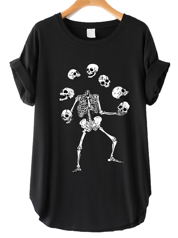 Seeyoushy Funny Acrobatic Skeleton Skulls Print Women T-shirt Summer Loose Tee Shirt Vintage Loose Side Slit 90s Girl Tee Tops